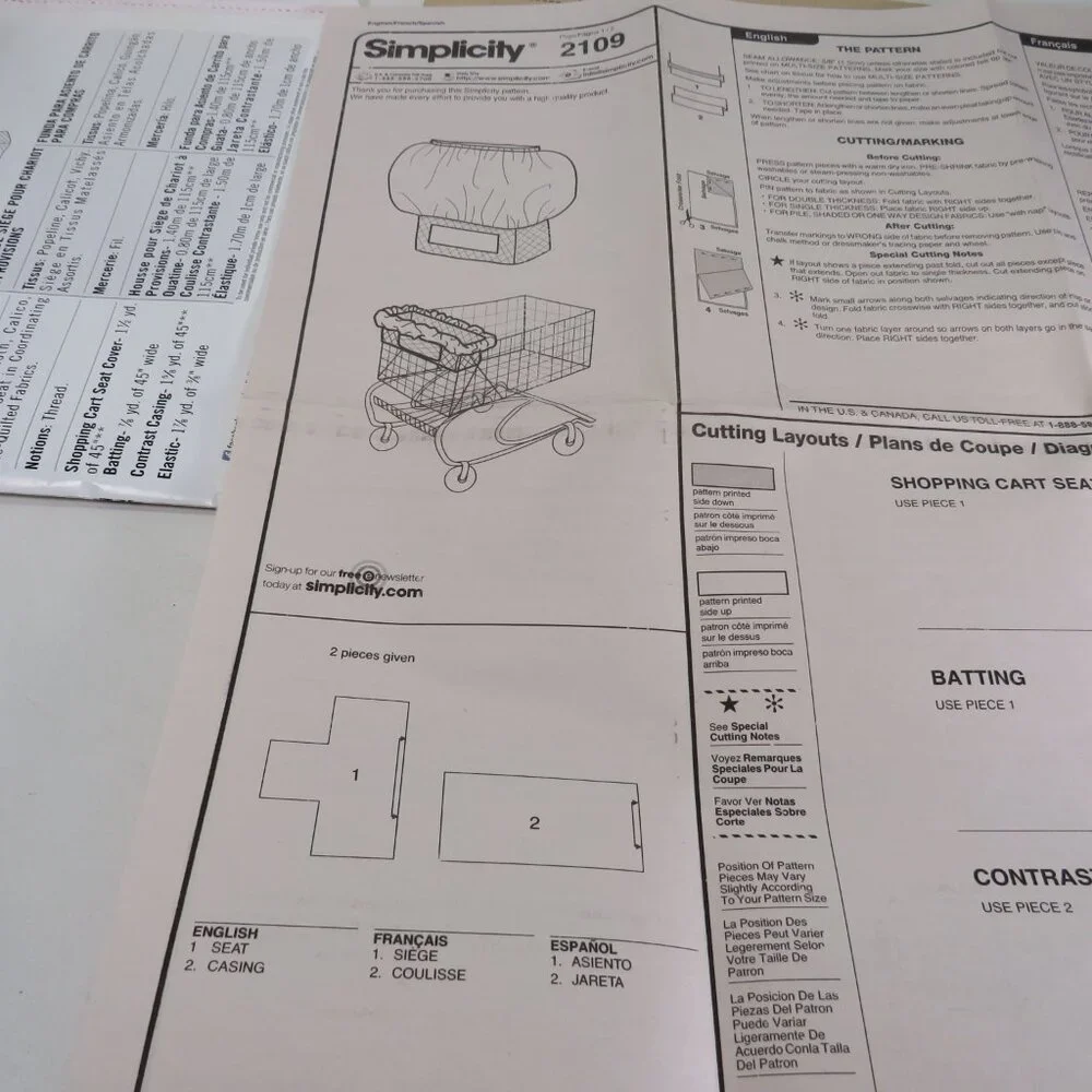 Simplicity C2109 Shopping Cart Cover Walmart Exclusive one size UNCUT